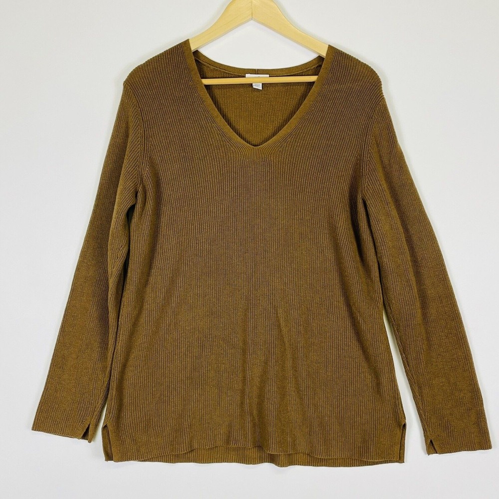 J. JILL Tan‎ Brown V-Neck Boxy Fine Cable Knit Sweater Pullover Womens Medium